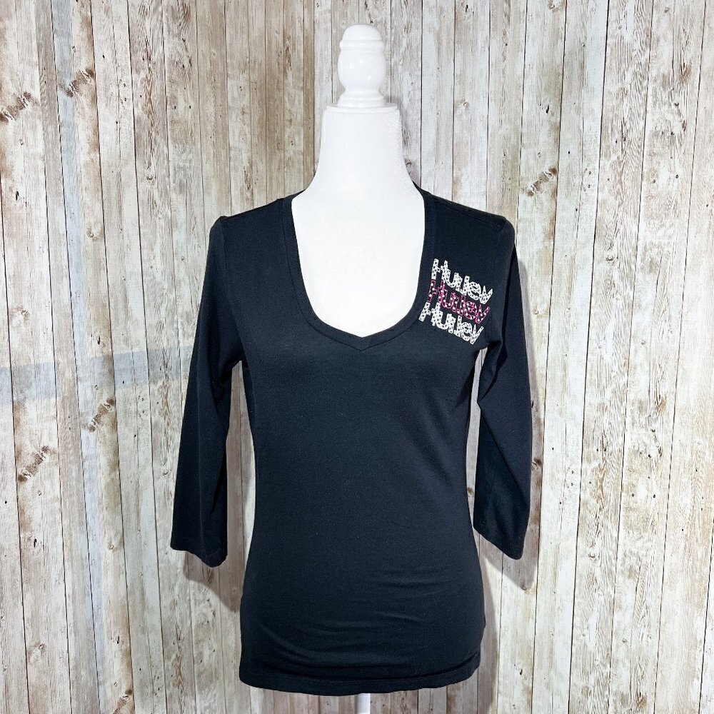 Women's Hurley Black Graphic Tee | 3/4 Sleeve | Size Medium | V-Neck Top